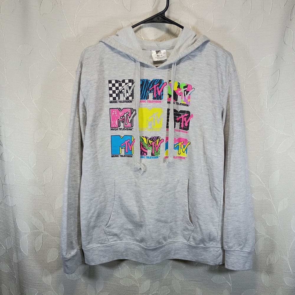 MTV Music Television Graphic Hoodie Gray Neon Retro Logo Sweatshirt Medium 7-9